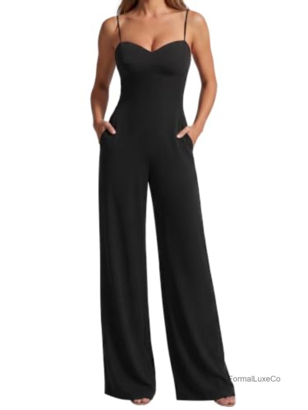 Women's Wide Leg Jumpsuit Built in Bra Sweetheart Neck Sleeveless One Piece